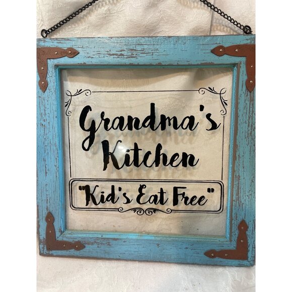 Grandmas Kitchen Sign "Kids Eat Free" Rustic Blue Frame 10x10” - Picture 3 of 3